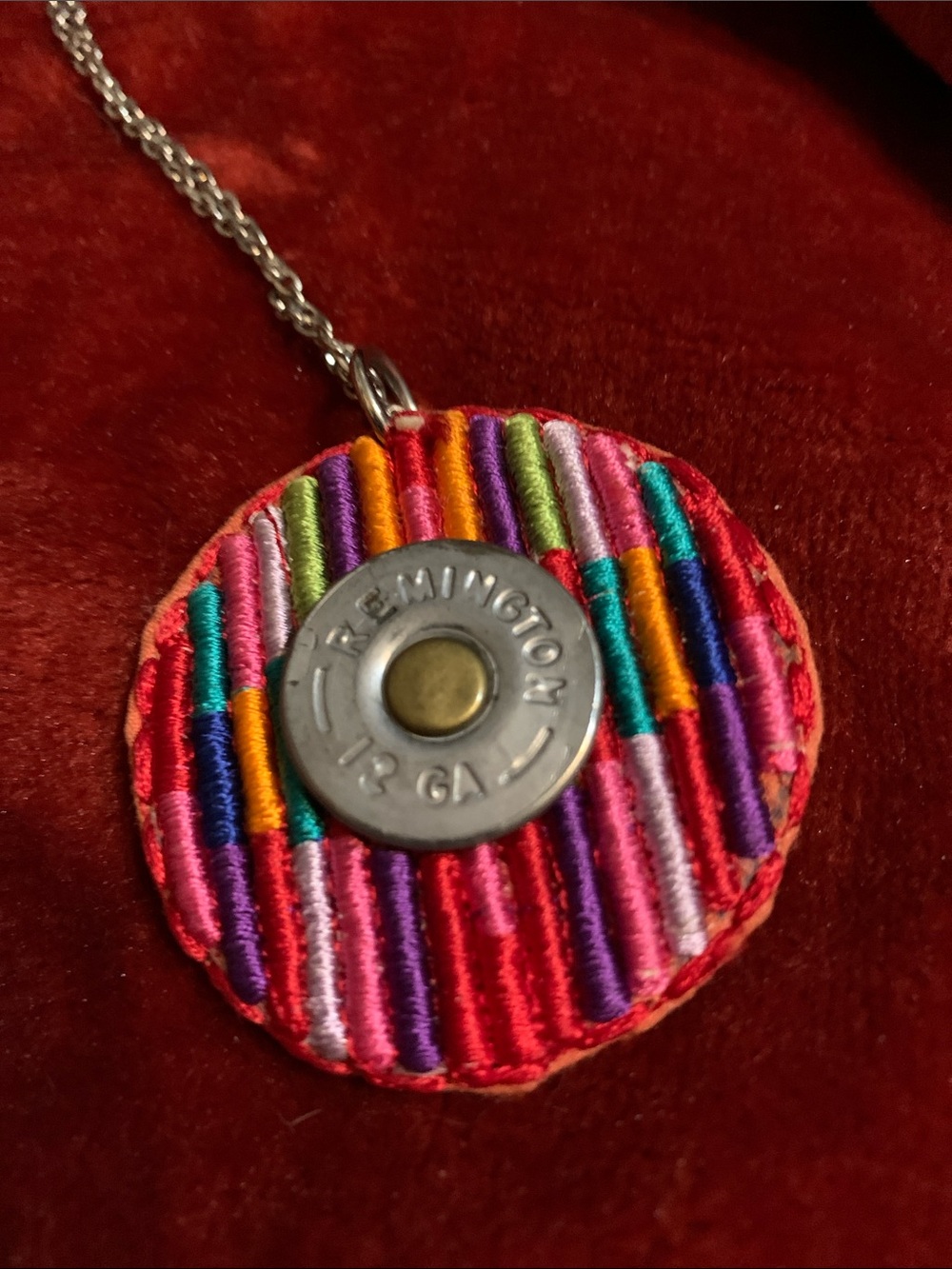 Round Multicolor Woven Textile Ethnic Boho Pendant shotgun shell accent on chain